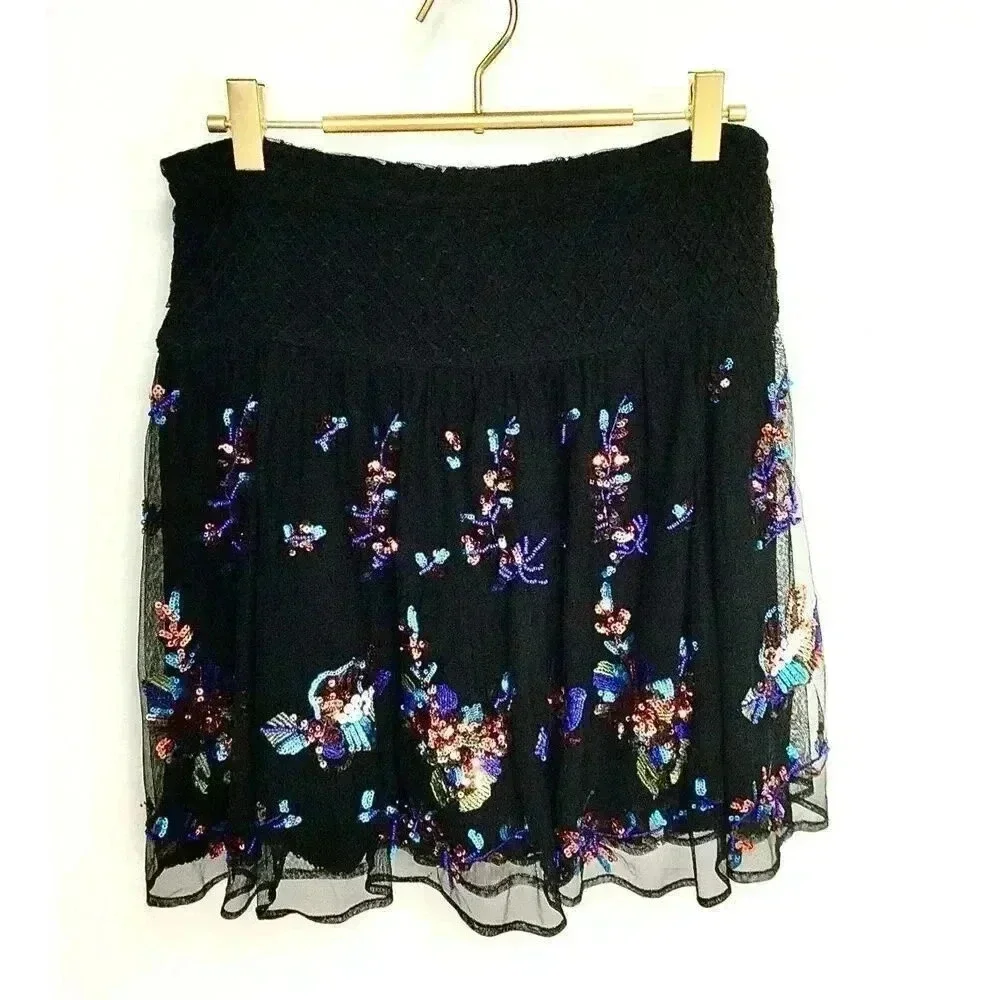 Anthropologie Womens Size XS Sequin Mini Skirt‎ Black Tulle Embroidered Flowy